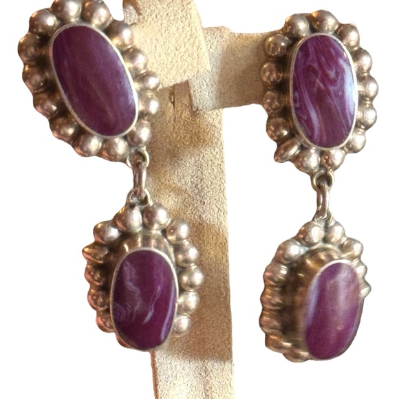 Taxco artisan sterling 925 Elegant Purple Stone Drop CLIP on Earrings - Picture 2 of 7